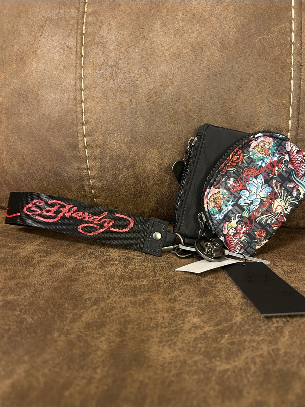 Ed Hardy Black Wristlet Coin Pouch with Multicolor Floral Tattoo Print
